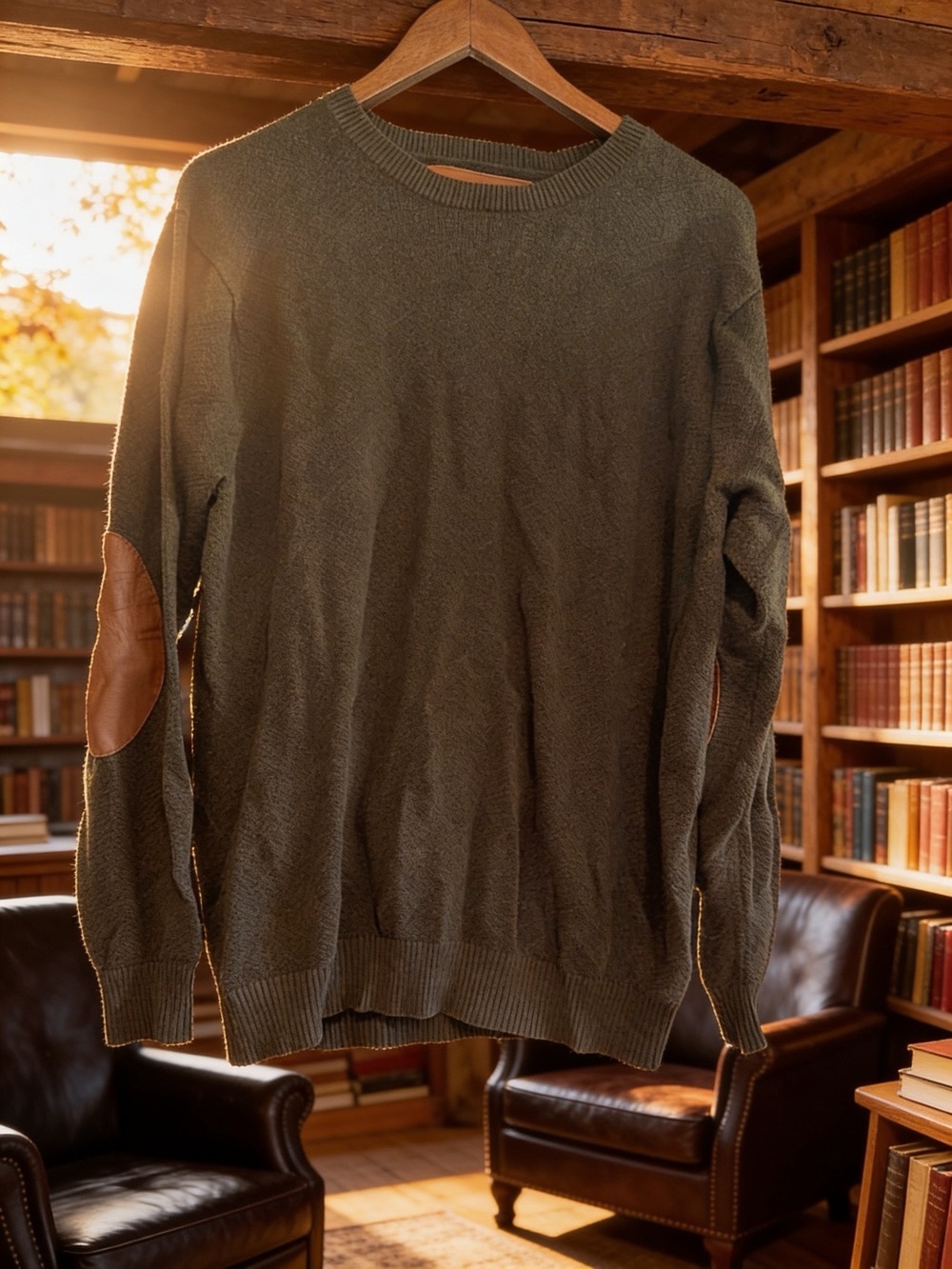 Men's Olive Crewneck Sweater with Tan Elbow Patches